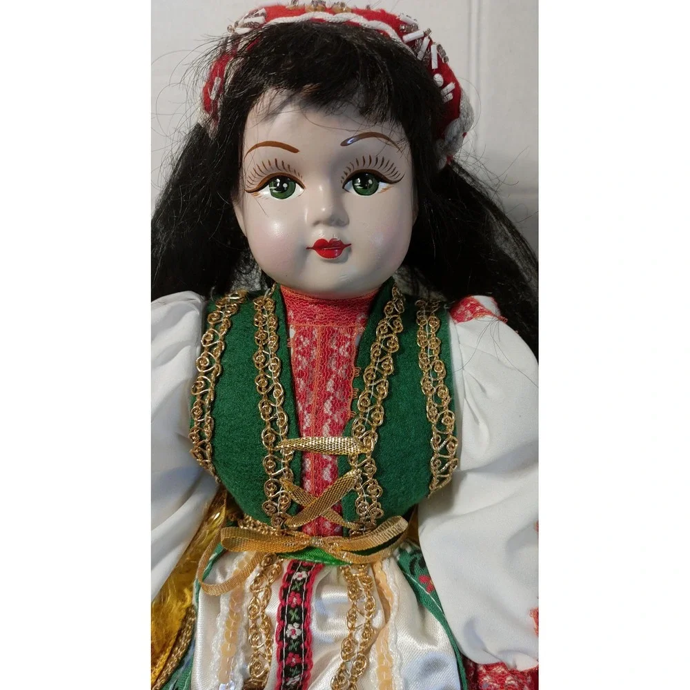 Porcelain Doll Folk Art 16in Red Great Traditional Costume Seated